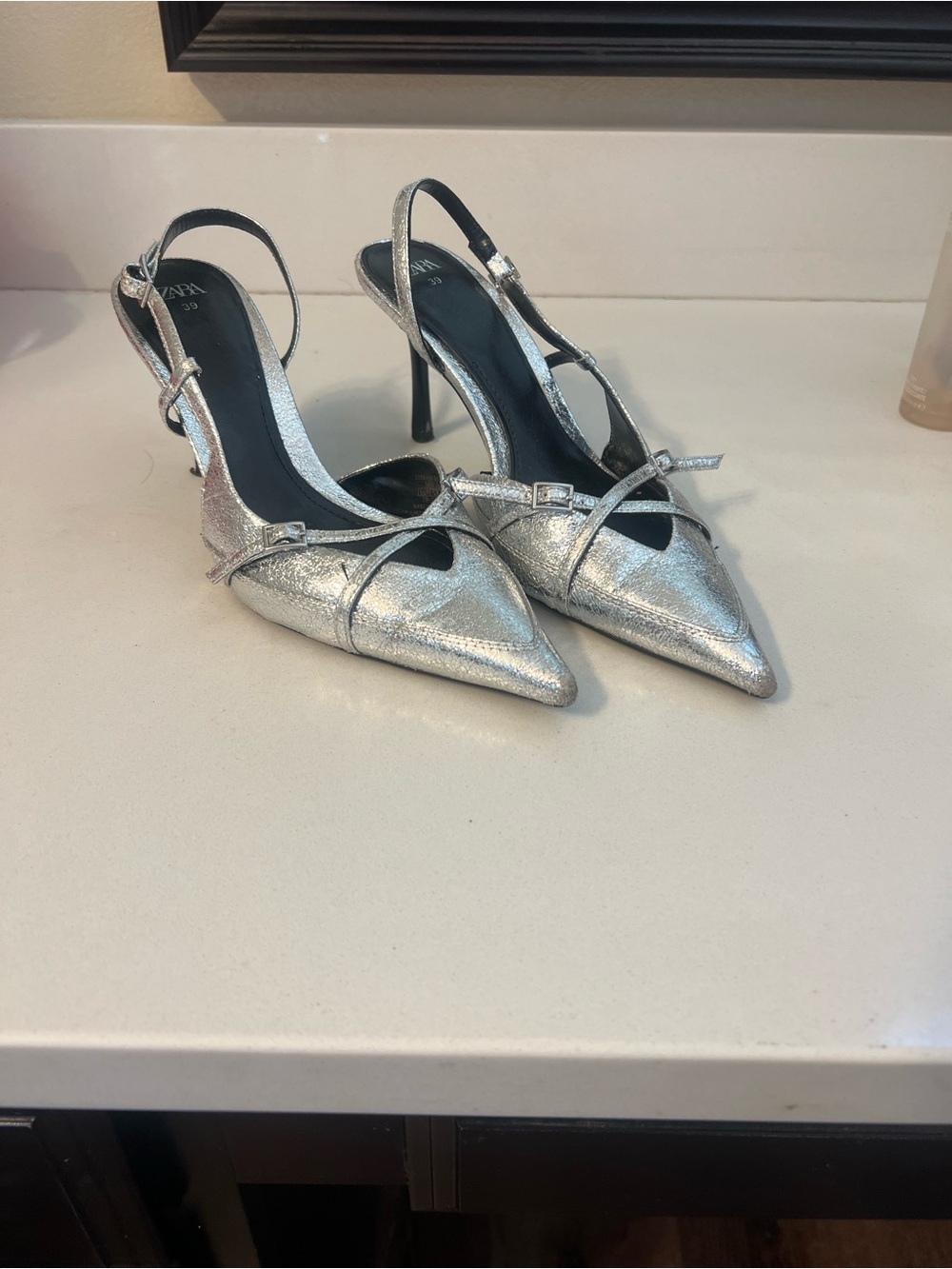 Zara Silver Pointed Slingback Stiletto Heels with Strappy Detail. Size 39.